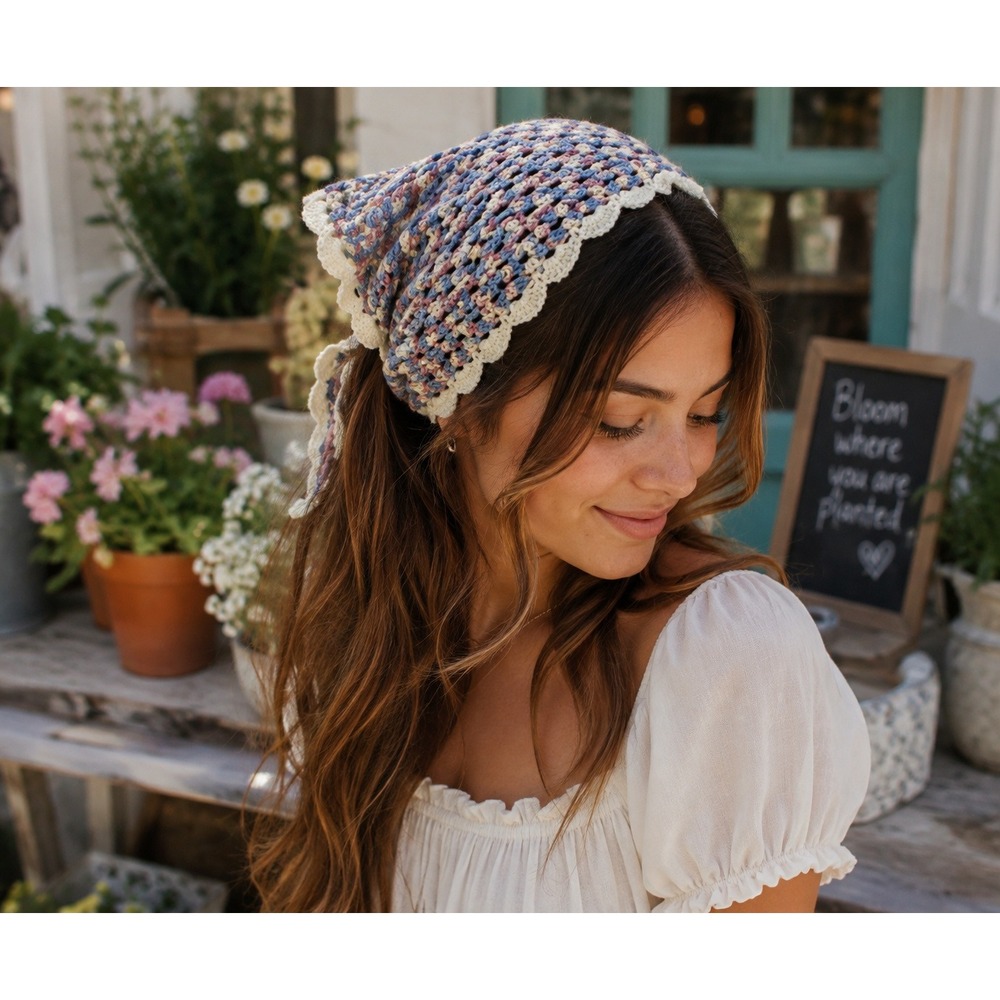 Handmade Crochet Hair Bandana Triangle Head Scarf Scalloped Lace Multi Color